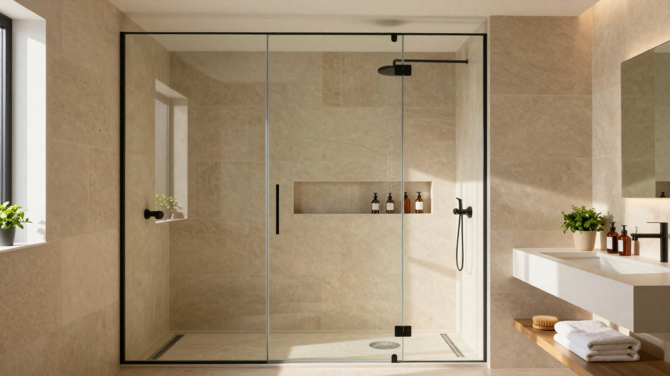 Modern beige tiled bathroom with large glass shower enclosure and white sink with plants and towels nearby