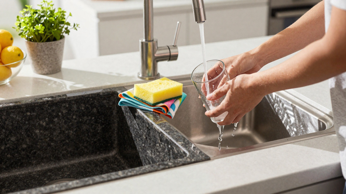 Person rinsing a clear glass under running water at a modern kitchen sink with cleaning cloths and sponge nearby.