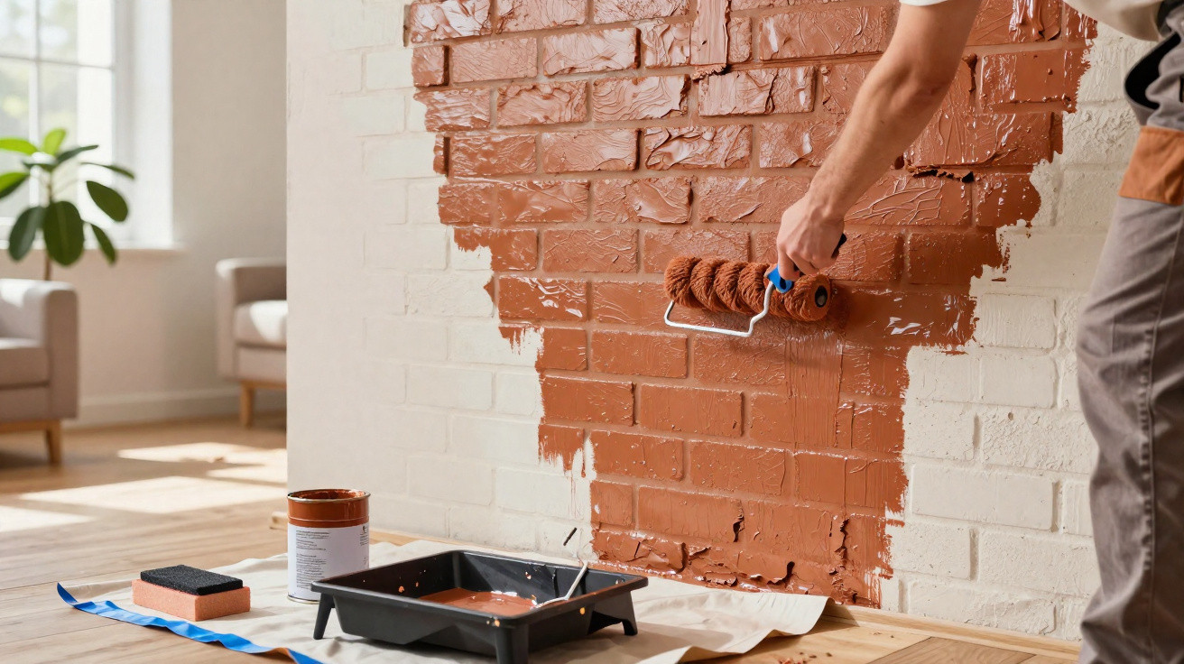 Person painting a white brick wall with brown paint using a roller in a sunlit room.