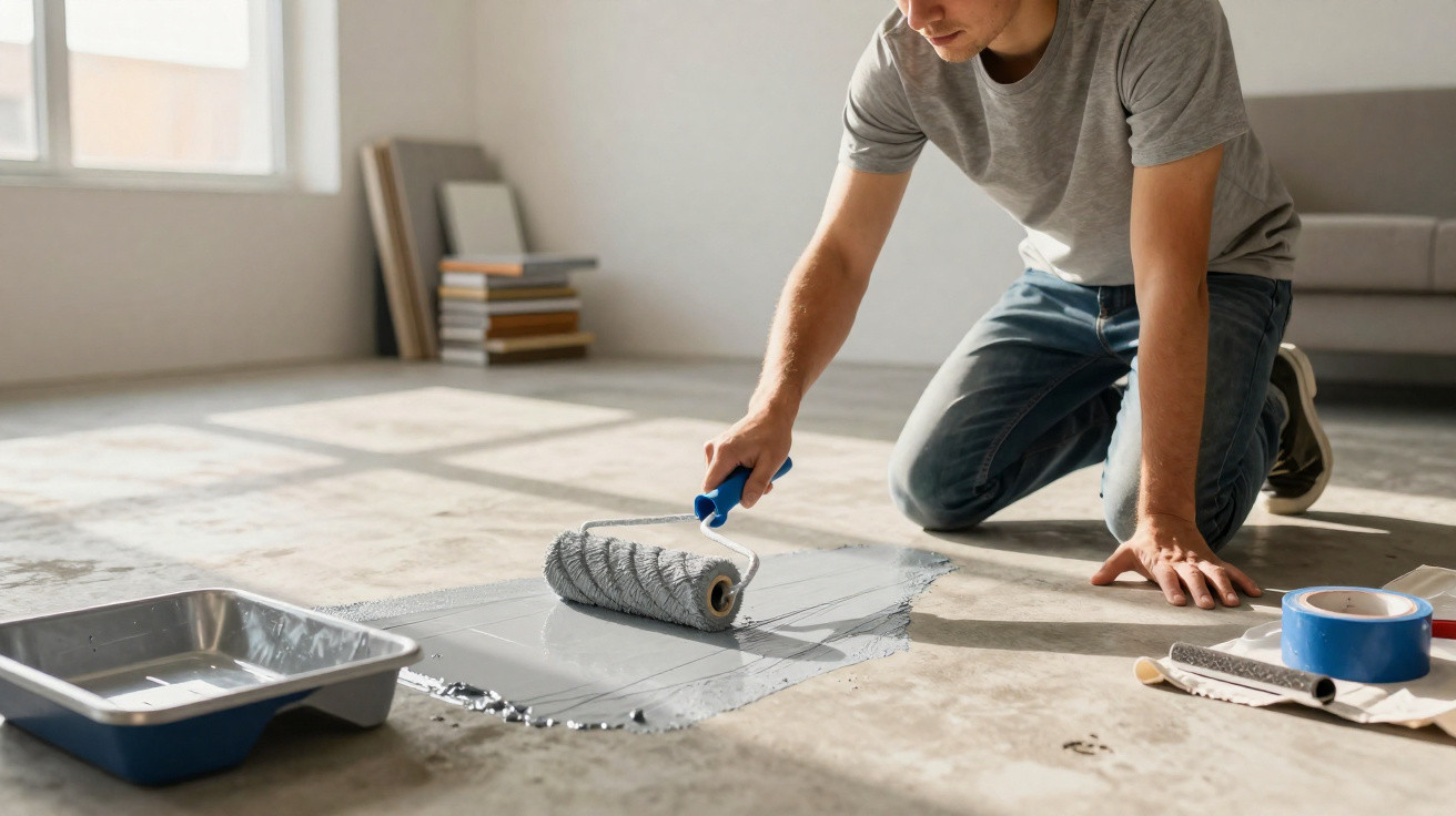 Person kneeling painting a floor with a roller brush in a sunlit room.