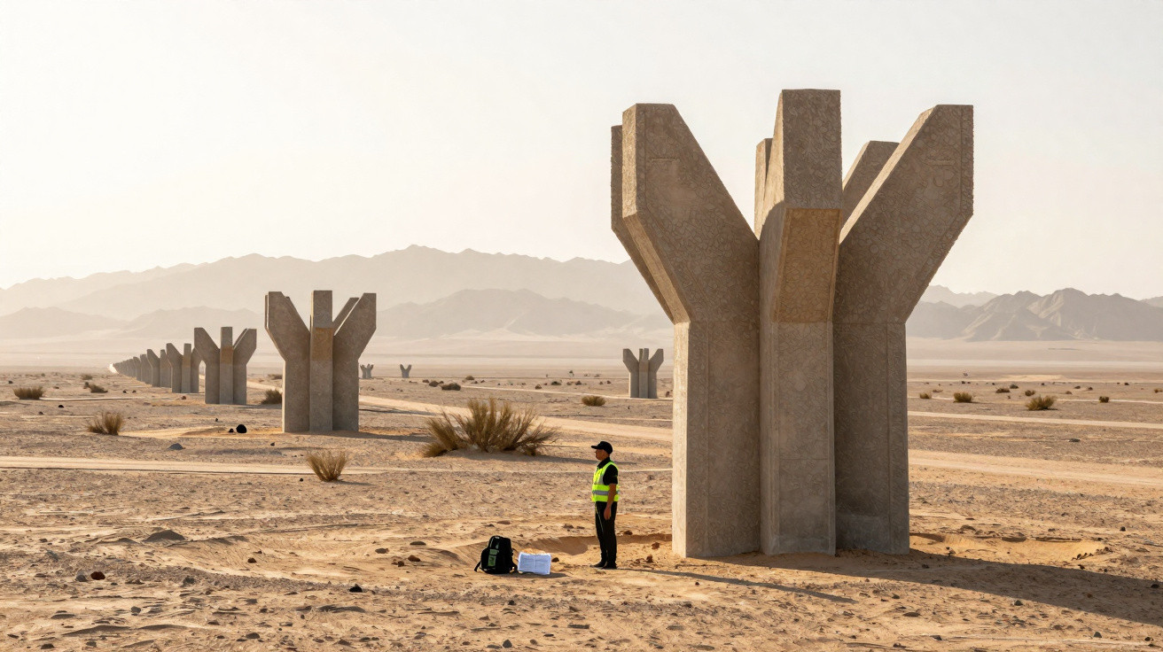 Person in high-visibility vest standing by large concrete structures in a desert landscape with mountains in the background.