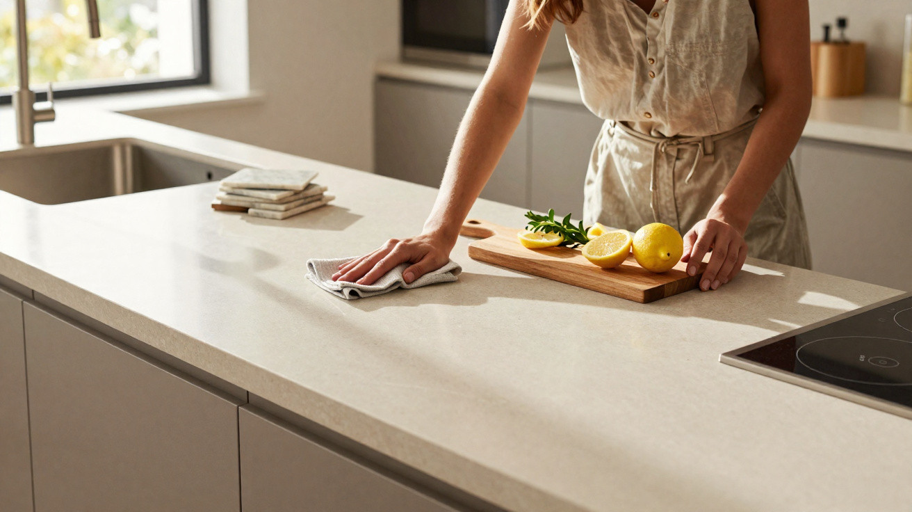 Person wiping a clean kitchen countertop with a cloth next to a cutting board with lemons and greens.