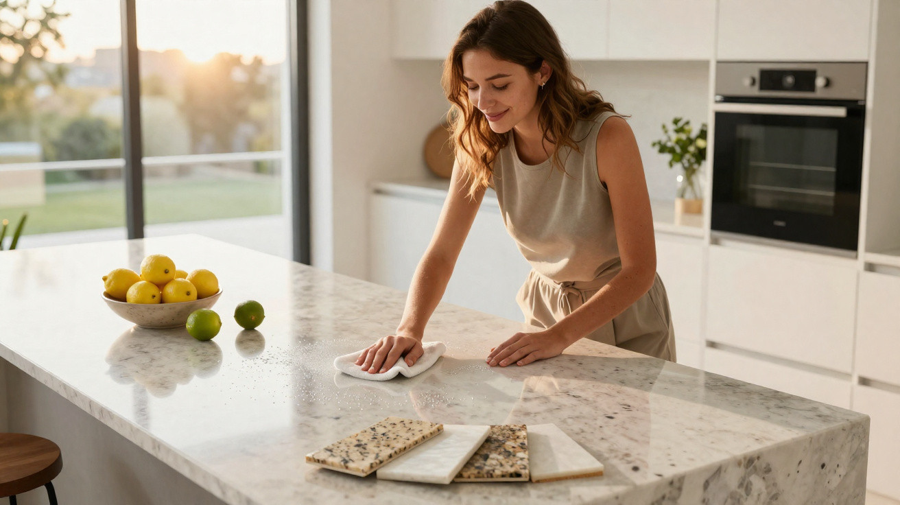 Woman wiping a marble kitchen island with lemon and sample tiles on the surface in a bright modern kitchen.