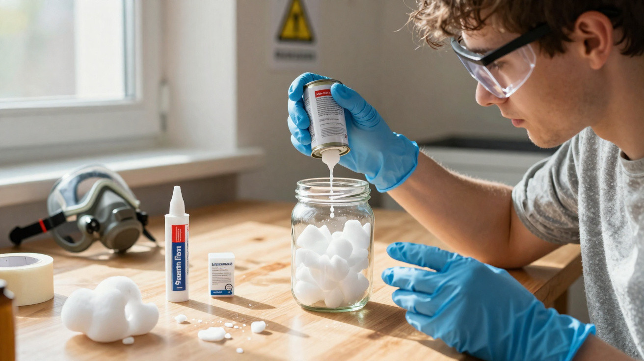 Person wearing gloves and safety glasses pours liquid from a can into a jar filled with cotton balls in a lab.