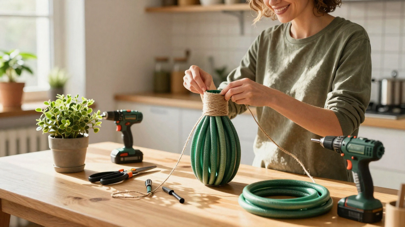 Person wrapping twine around a decorative green garden hose on a wooden table with tools in a kitchen.