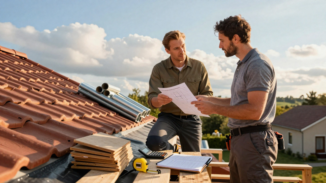 Two men discussing building plans on a roof under a partly cloudy sky with roofing materials nearby.