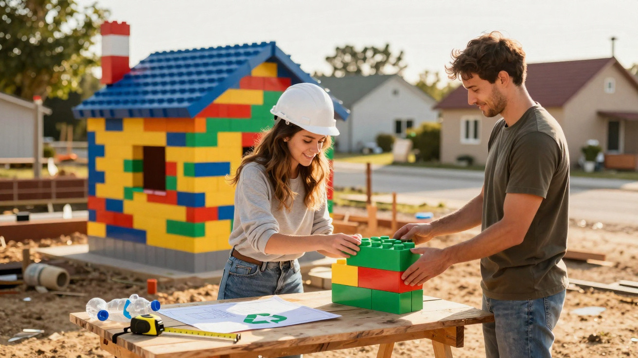 Man and woman building a small colourful house with oversized plastic blocks outdoors at a construction site.