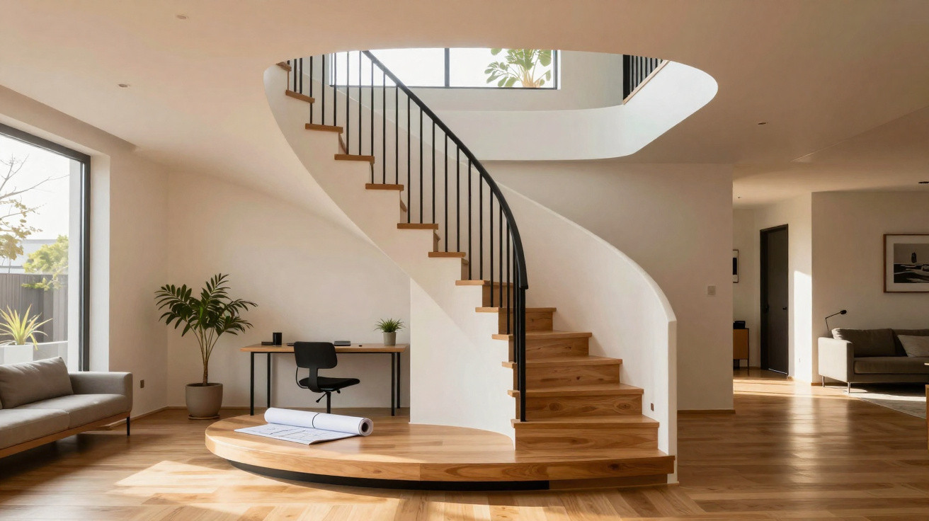 Modern living room with curved wooden staircase, minimalist furniture, and wooden flooring in natural light.