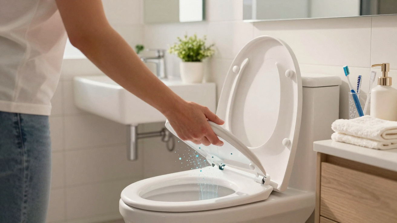 Person lifting toilet seat with water spraying inside in a modern bathroom setting