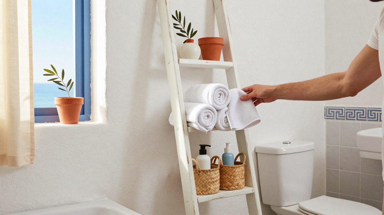 Hand reaching for a rolled towel on a white wooden ladder shelf in a bright bathroom with plants and toiletries.