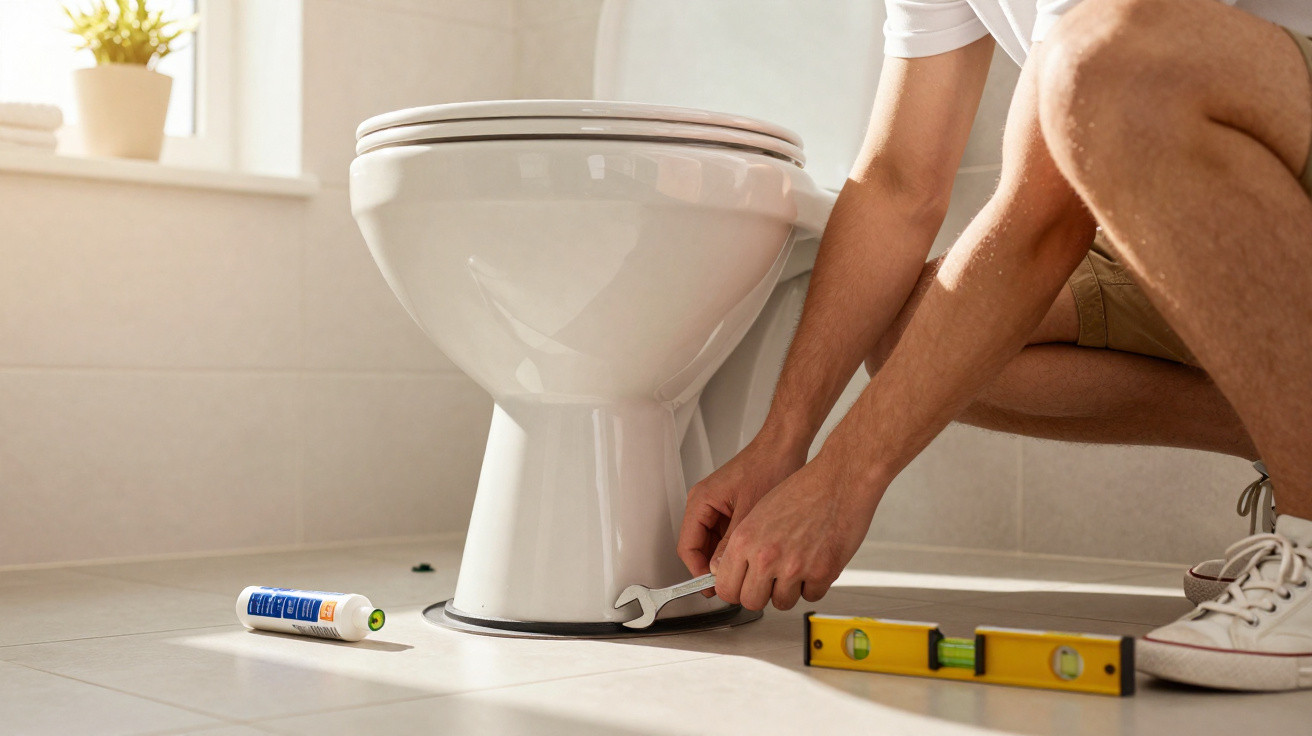 Person fixing a white toilet with a wrench and plumbing tools on a bathroom floor in daylight.