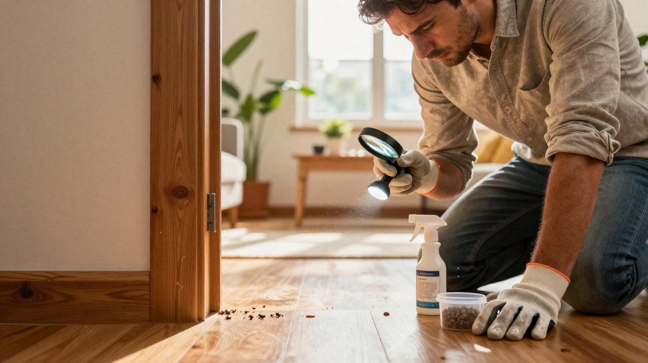 Man wearing gloves examining dirt on wooden floor with magnifying glass and cleaning spray bottle nearby