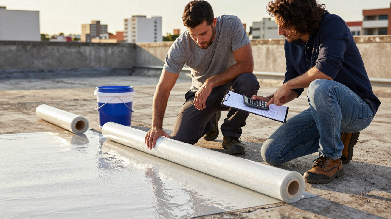 Two men inspecting and measuring waterproof membrane material being unrolled on a flat rooftop.