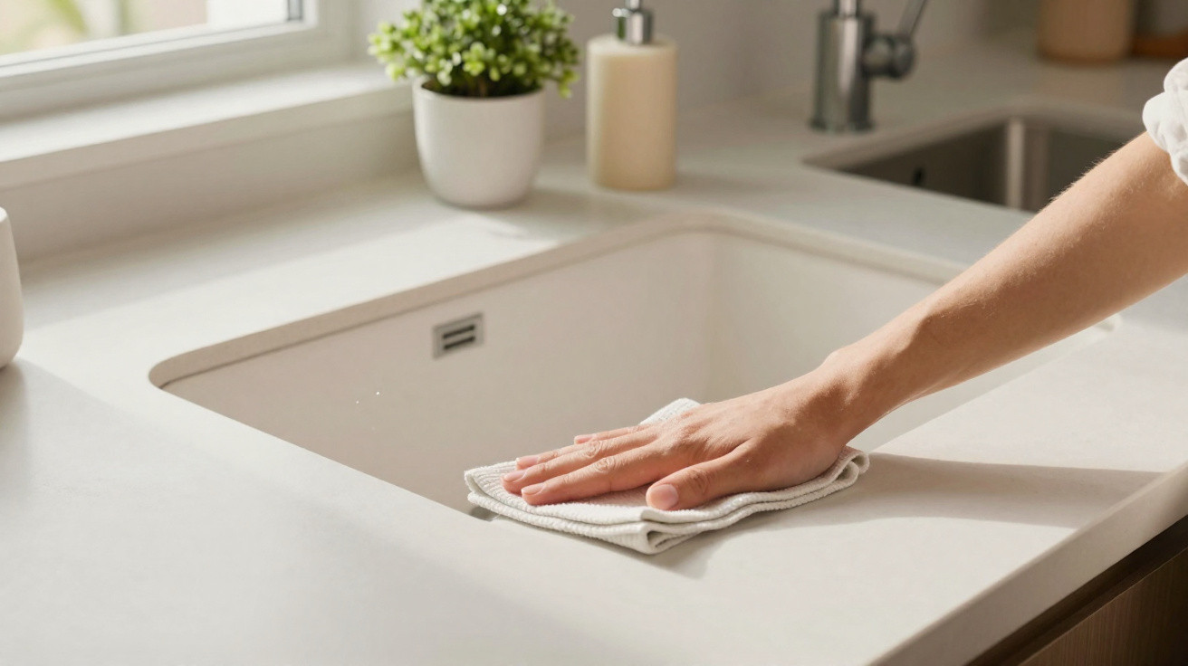 Hand wiping a clean, white kitchen countertop beside a sink with a cloth in a bright kitchen.