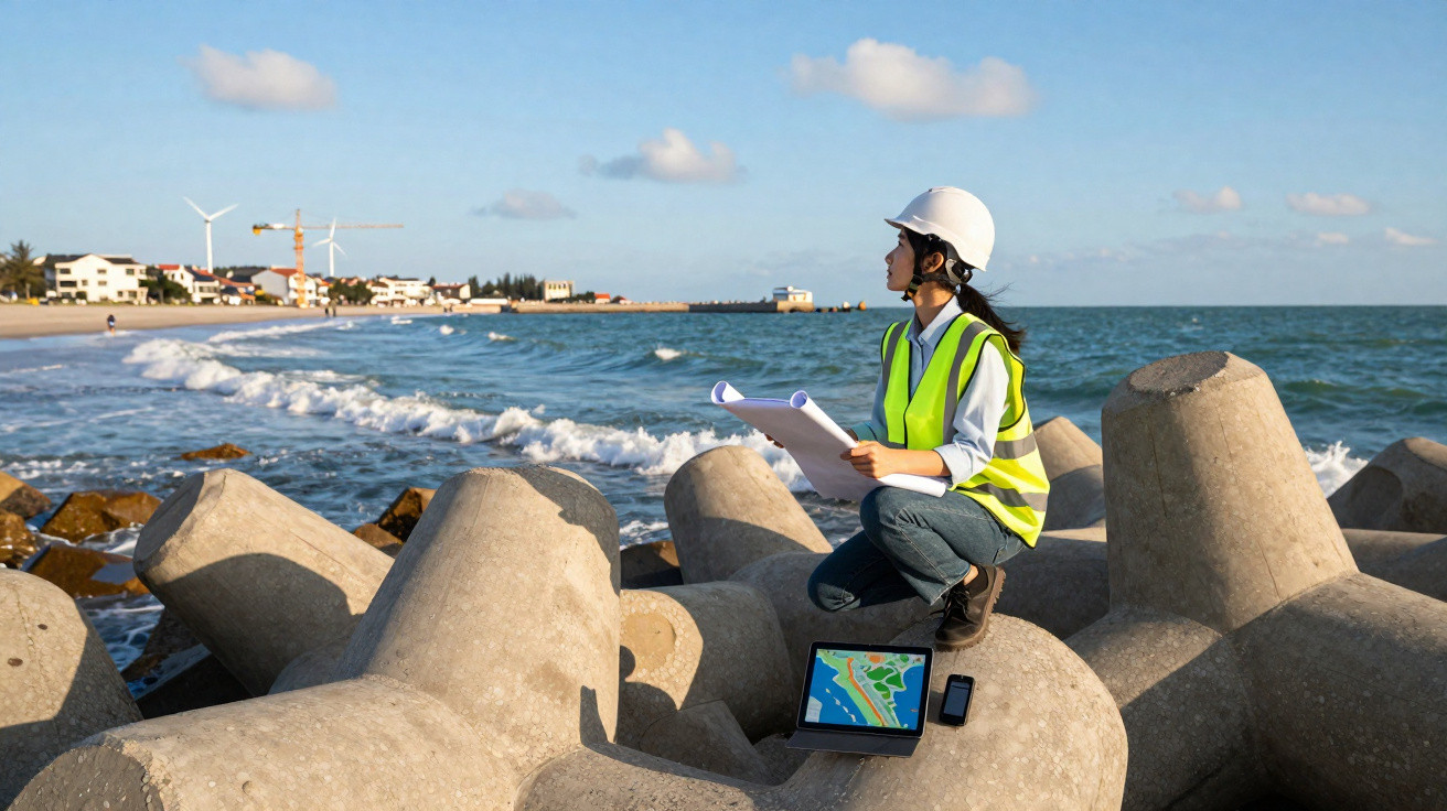 Engineer in a hard hat and vest examining coastal defence structures with maps and devices on concrete tetrapods by the sea.