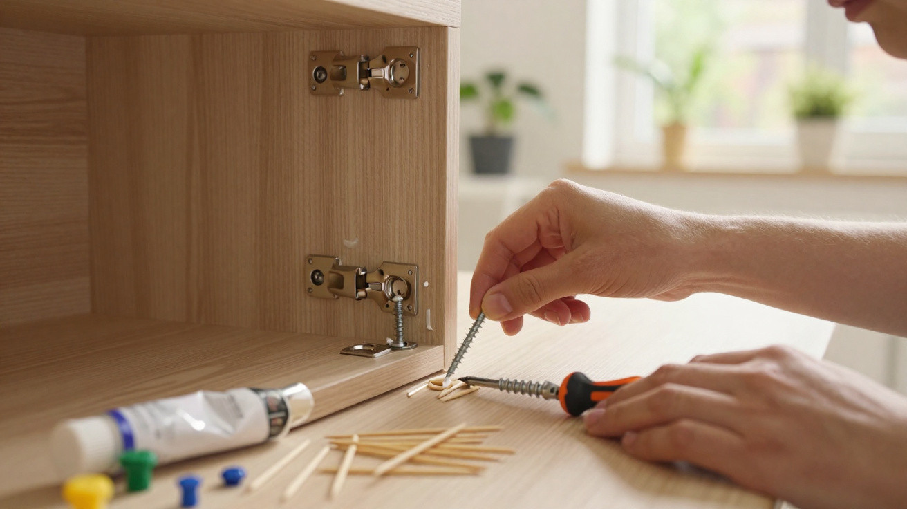 Hands assembling flat-pack wooden furniture using screws and a screwdriver on a table near an open cabinet.