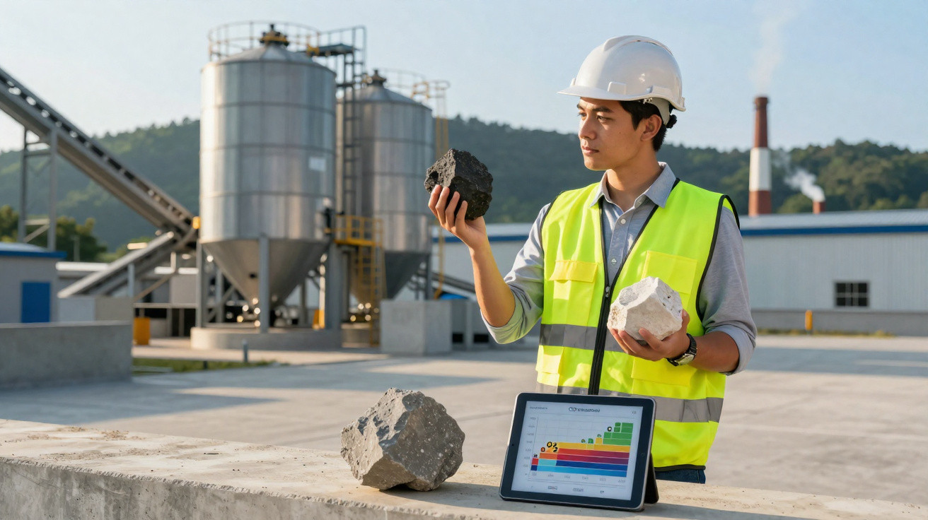 Engineer in safety gear analysing coal and mineral samples at industrial site with tablet showing efficiency graph.