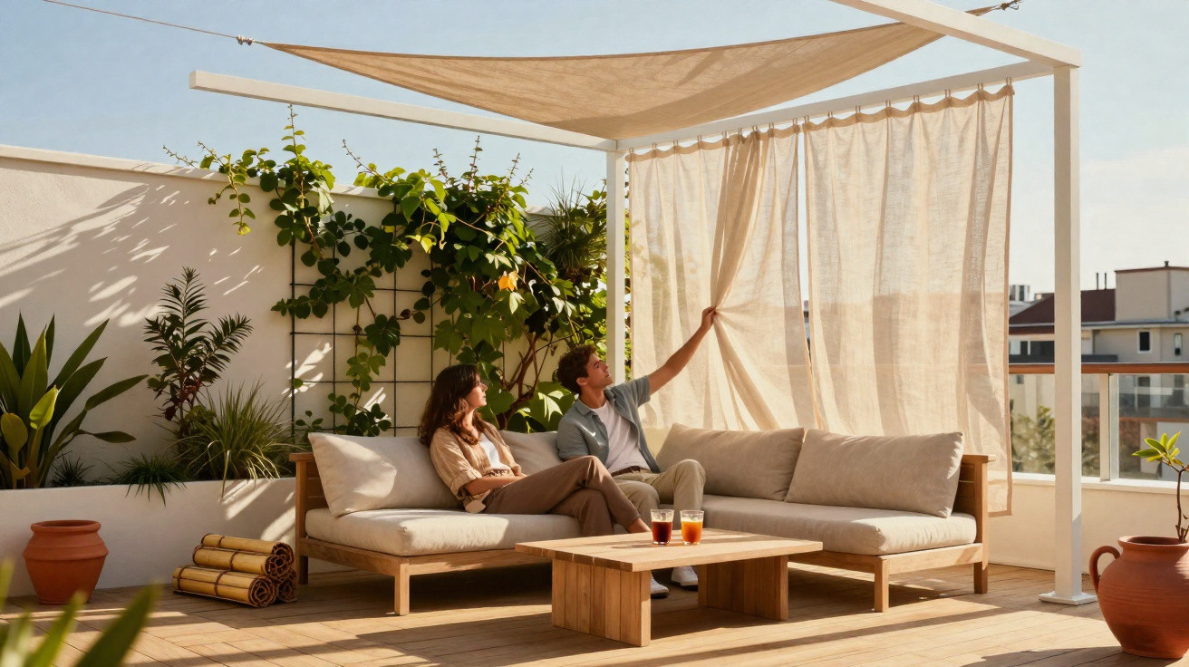 Couple sitting on outdoor wooden sofa with beige cushions under canopy, surrounded by plants on sunlit terrace.
