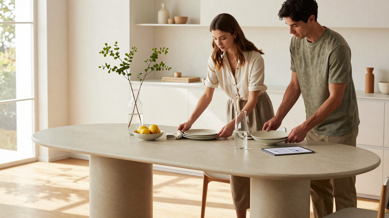 A young couple setting plates on a modern dining table in a bright, minimalist kitchen.