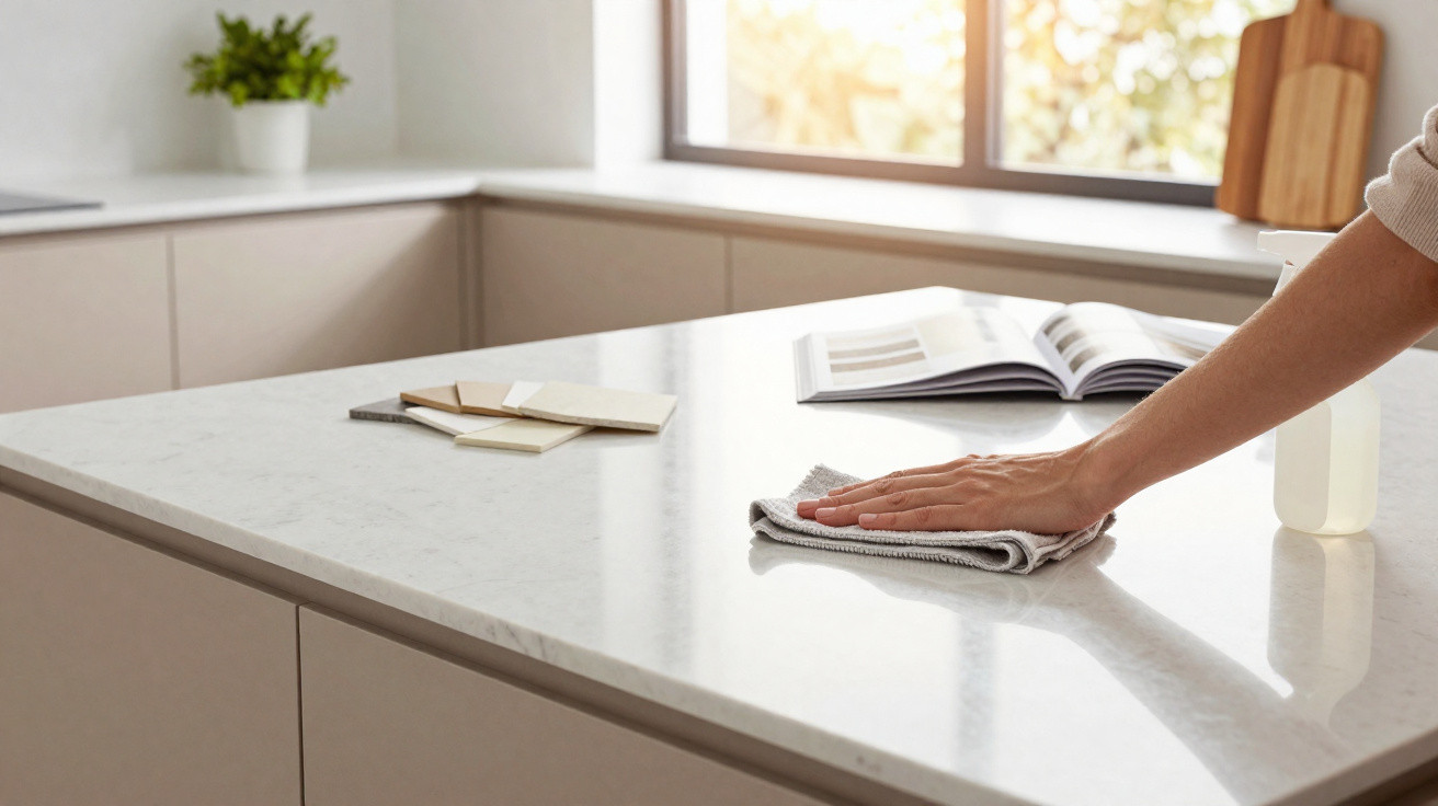 Person wiping a clean white kitchen countertop with a cloth near an open magazine and colour samples.