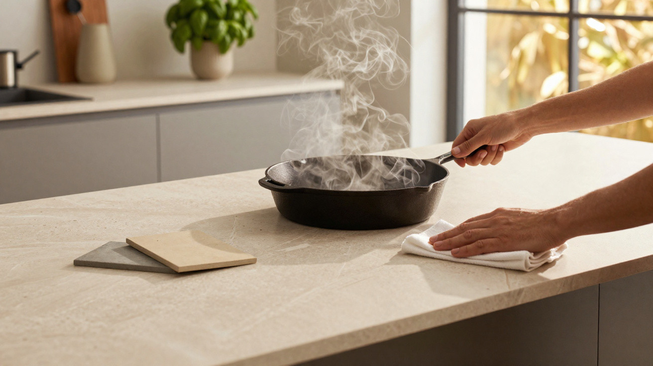 Person holding a steaming black frying pan over a kitchen countertop with natural light in the background