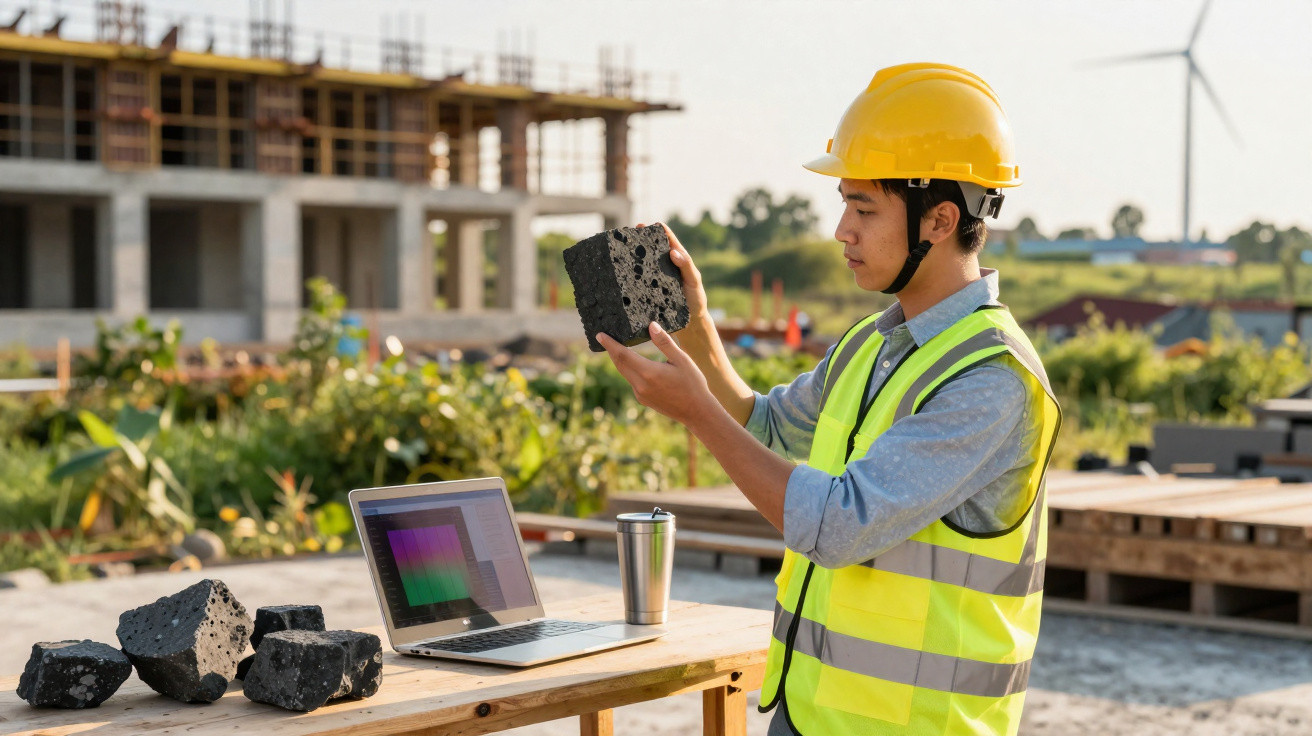 Construction worker in high-visibility vest and helmet examining a rock sample at a building site with laptop.