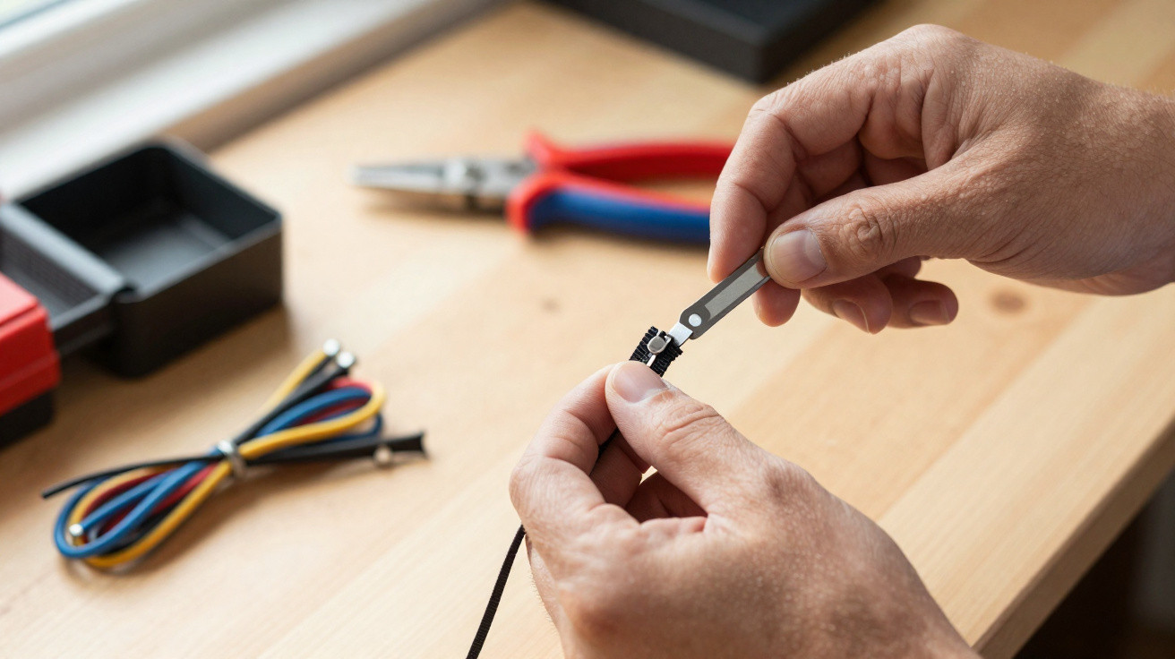Hands holding tweezers and a small electronic component over a wooden workbench with tools and cables.