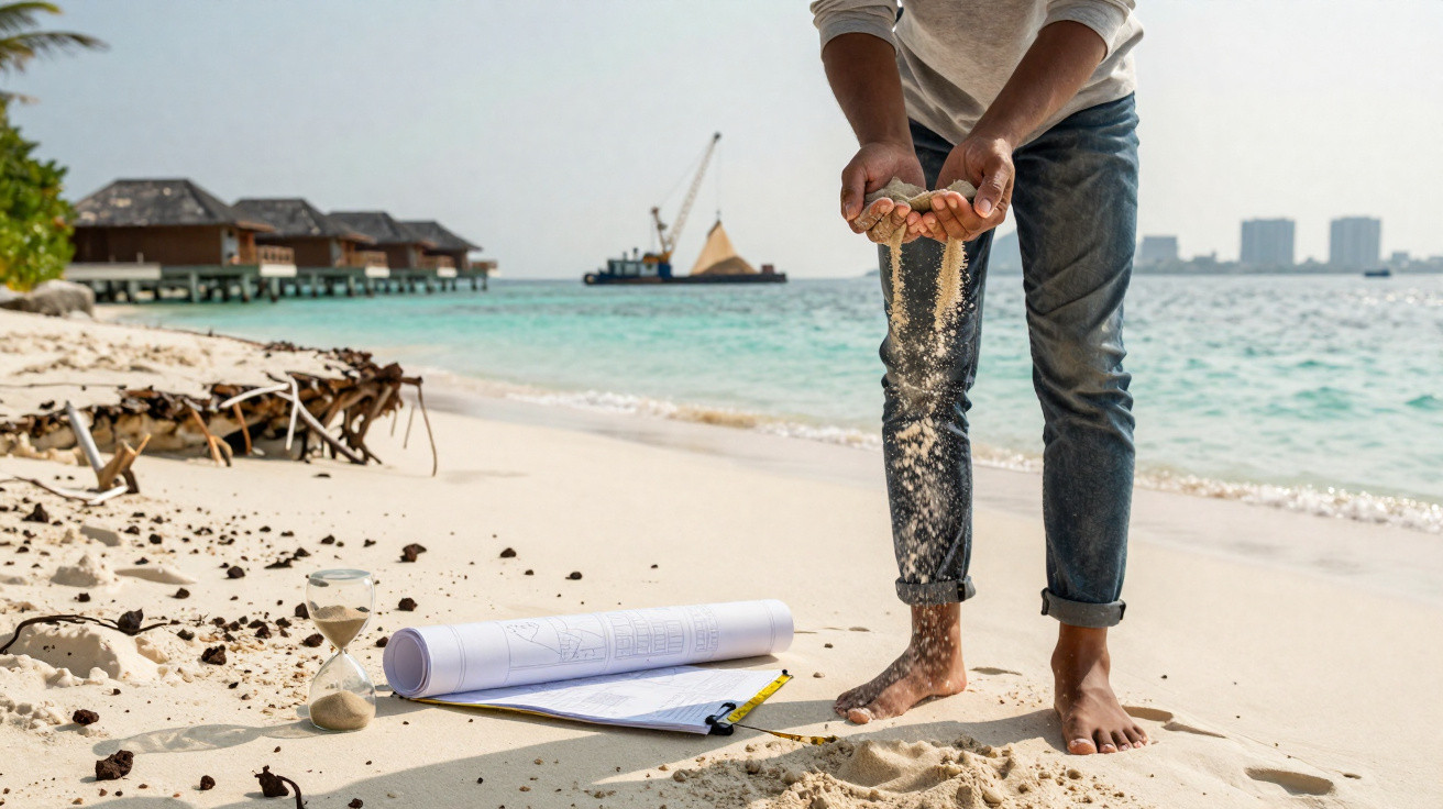 Person sifting sand through hands on a beach with architectural plans, hourglass, and buildings in the background.