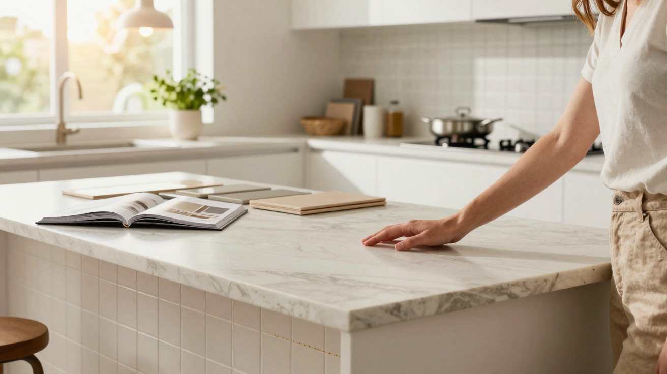 Person leaning on a clean, white marble kitchen island with books and sample boards in a bright, modern kitchen.