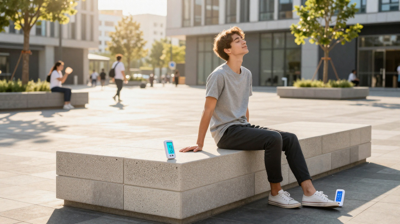 Teenager sitting on a concrete bench outdoors, eyes closed, enjoying the sunlight with a relaxed expression.