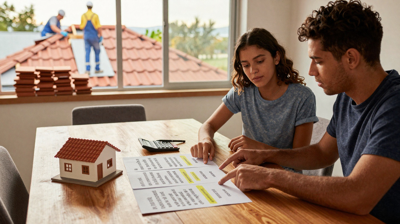Couple reviewing home renovation budget papers with a calculator and house model on a wooden table.