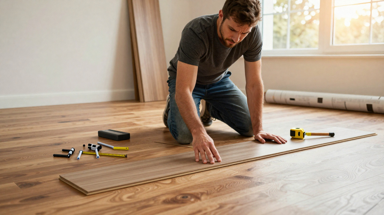 Man kneeling on wooden floor installing laminate flooring with measuring tools nearby in daytime room.