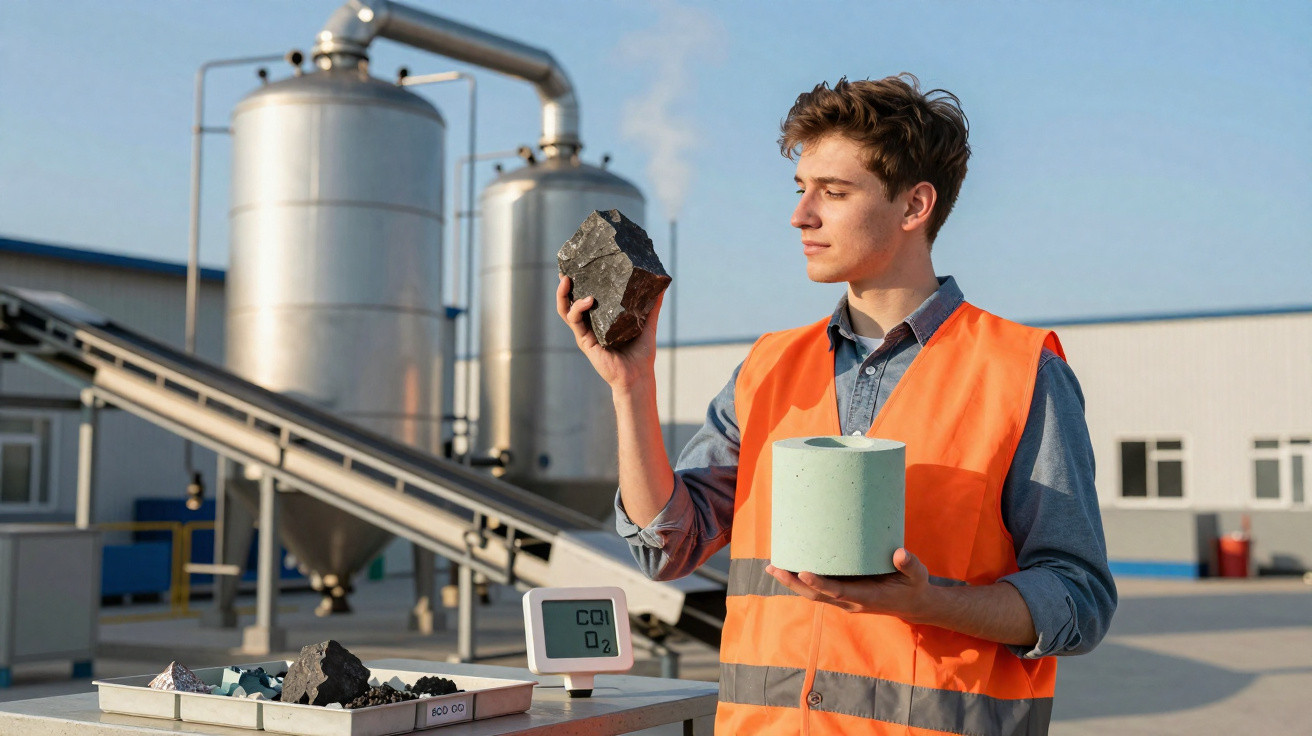 Young man in orange safety vest examining a rock and a cylindrical sample at industrial plant outdoors.