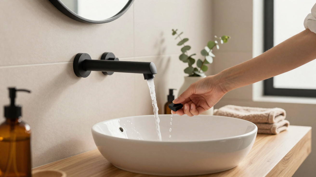 Hand turning on black wall-mounted faucet with water flowing into modern white basin on wooden countertop