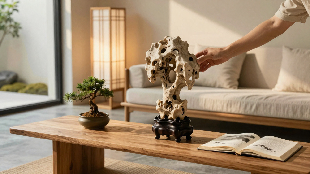 Hand-adjusted Taihu stone sculpture and bonsai on wooden coffee table with open book in minimalist living room.