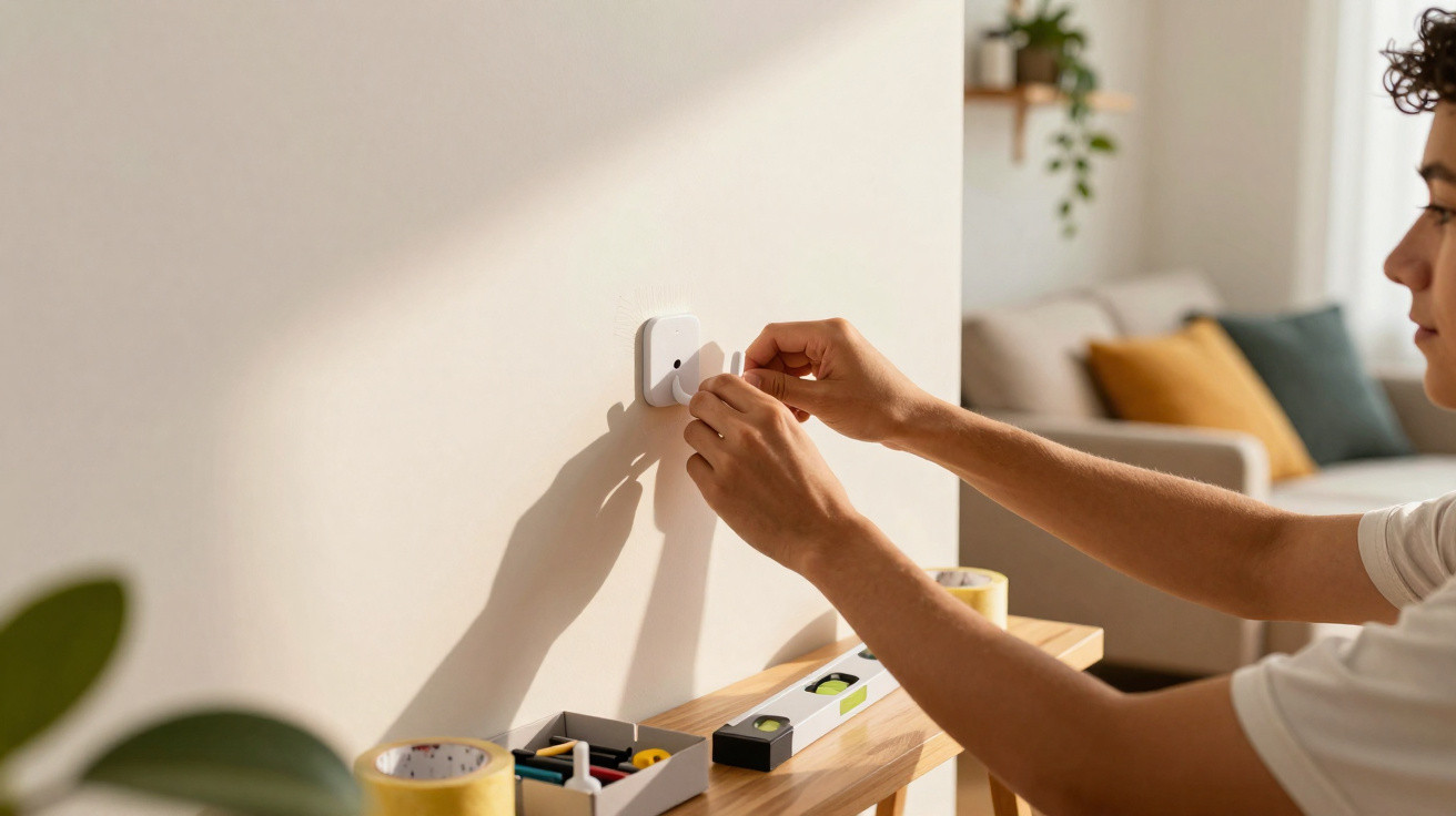 Person attaching a small white sensor device to a white wall in a bright living room.
