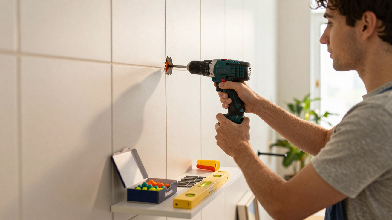Man using a drill to make a hole in tiled wall with tools on a nearby shelf.
