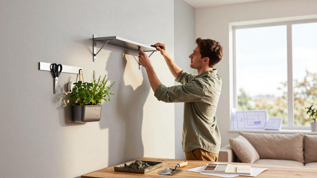 Man installing a shelf on a wall in a bright room with a sofa and table nearby.