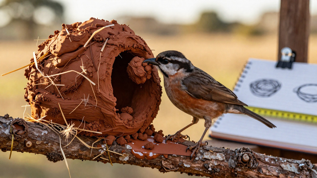 Small brown and orange bird building a clay nest on a branch with a sketchbook in the background.