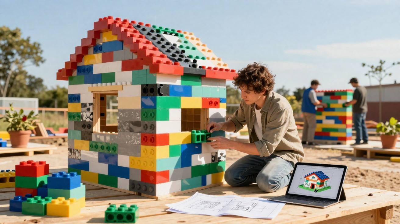 Young person building a colourful large Lego house outdoors with tablet and plans on table nearby.