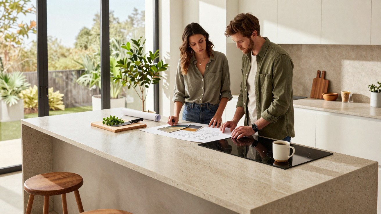 Couple reviewing plans together on a kitchen island in a modern home with natural light.