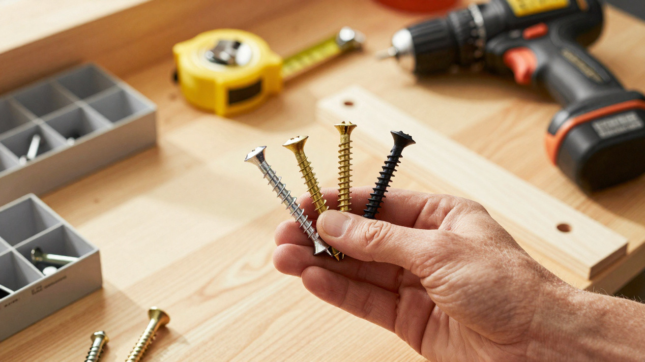 Hand holding four different screws with a drill, tape measure, and wooden board in the background.