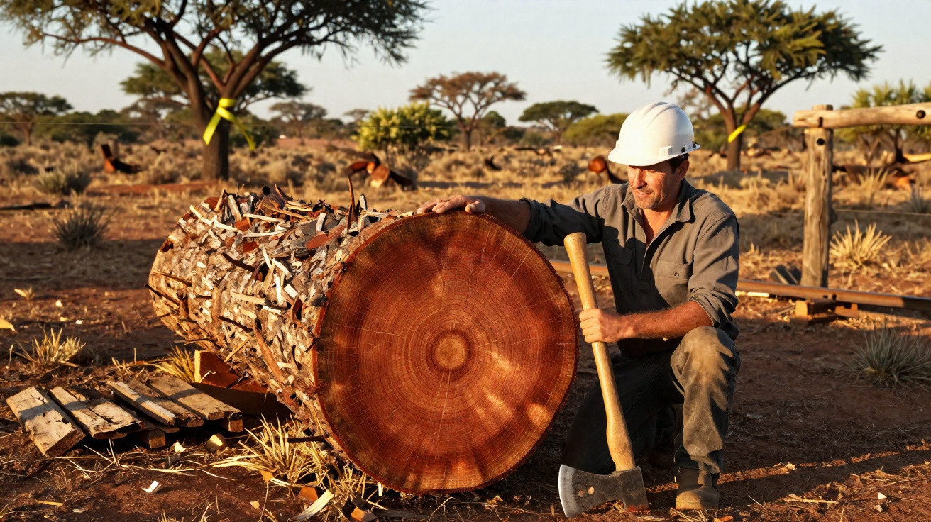 Man in hard hat crouching beside a large cut tree trunk holding an axe in a dry, wooded landscape.