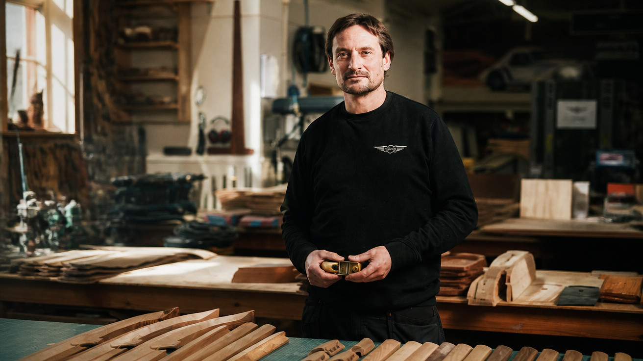 Man in black sweatshirt holding a measuring tape in a workshop surrounded by wooden parts and tools
