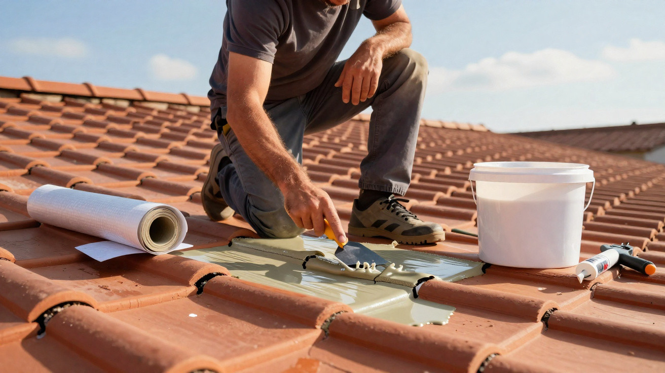 Person applying sealant to terracotta roof tiles with a trowel during roof repair work.