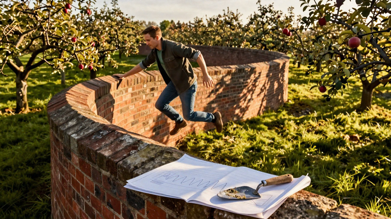 Man jumping over a curved brick wall in an apple orchard with gardening plans and a trowel on the wall.