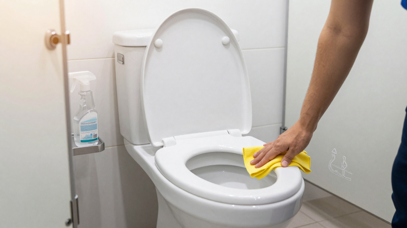 Person cleaning a white toilet bowl with a yellow cloth in a bathroom stall next to a spray cleaner bottle