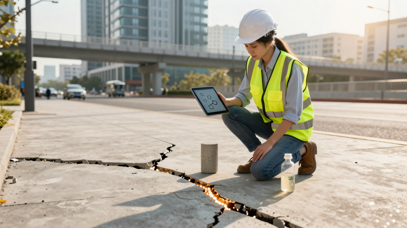 Engineer in hard hat and high-visibility vest inspecting a cracked concrete pavement with a tablet.