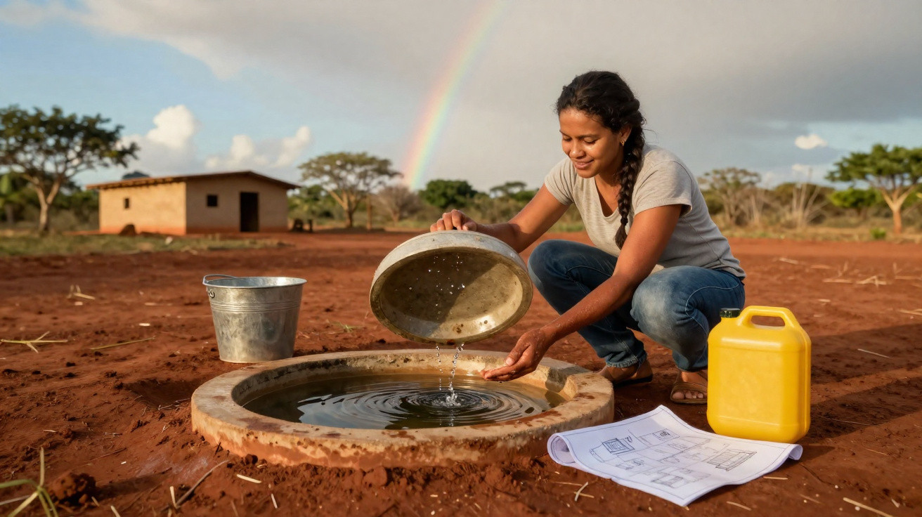 Woman collecting water from a well in a rural area with a rainbow and building plans nearby.
