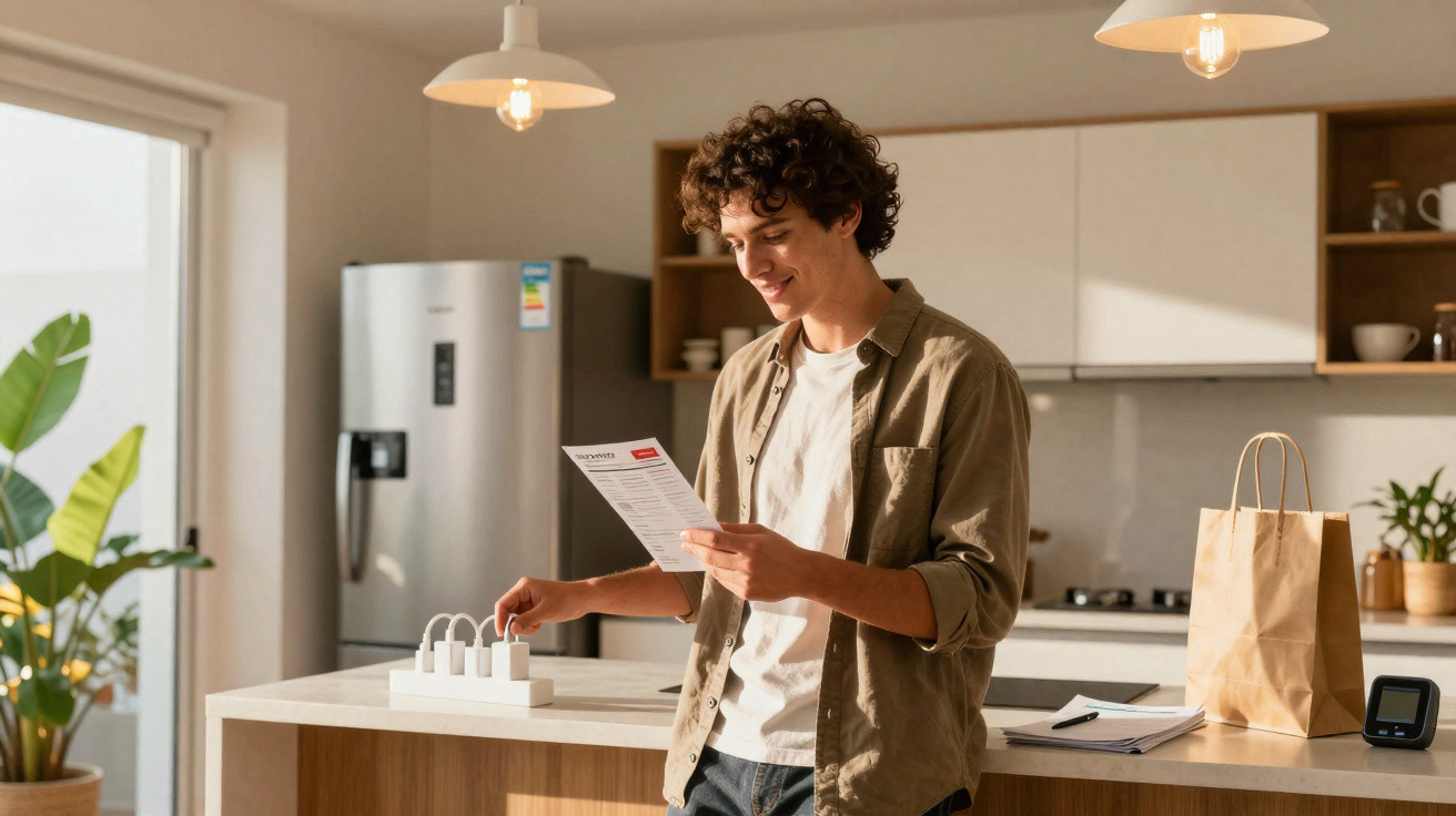Young man standing in a kitchen reading instructions while using a smart power strip on the counter.